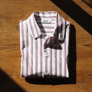 Sleepy Jones Dual Stripe Henry Button Down Striped Blue + Red Pajama Shirt